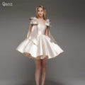 Qanz Champagne Short Prom Dresses Bow Straps Satin Strapless Graduation Dress Lace Up Back Customized Birthday Dress For Women