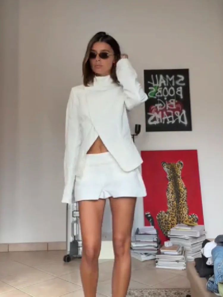 Women's Elegant White Linen Two-piece Outfit Asymmetric Long Sleeved Stand Collar Blazer Jacket Cozy High Waist Shorts Set