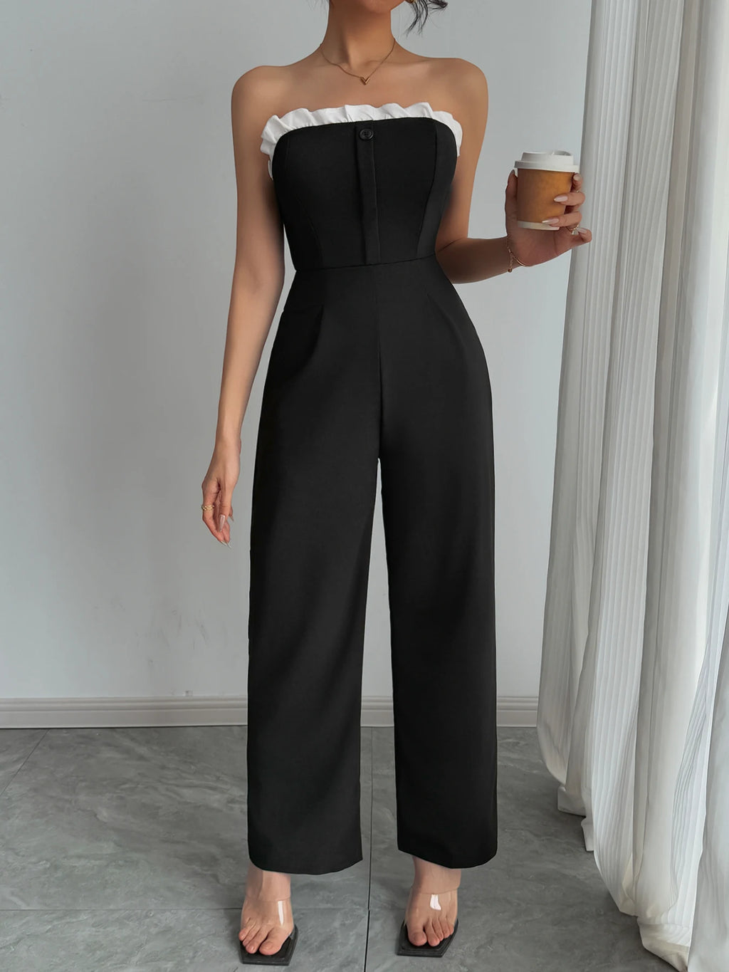 Jumpsuit Spring Summer Women Black Strapless White Ruffle Trim Wide Leg Chic Elegant Daily Date Party Jumpsuit