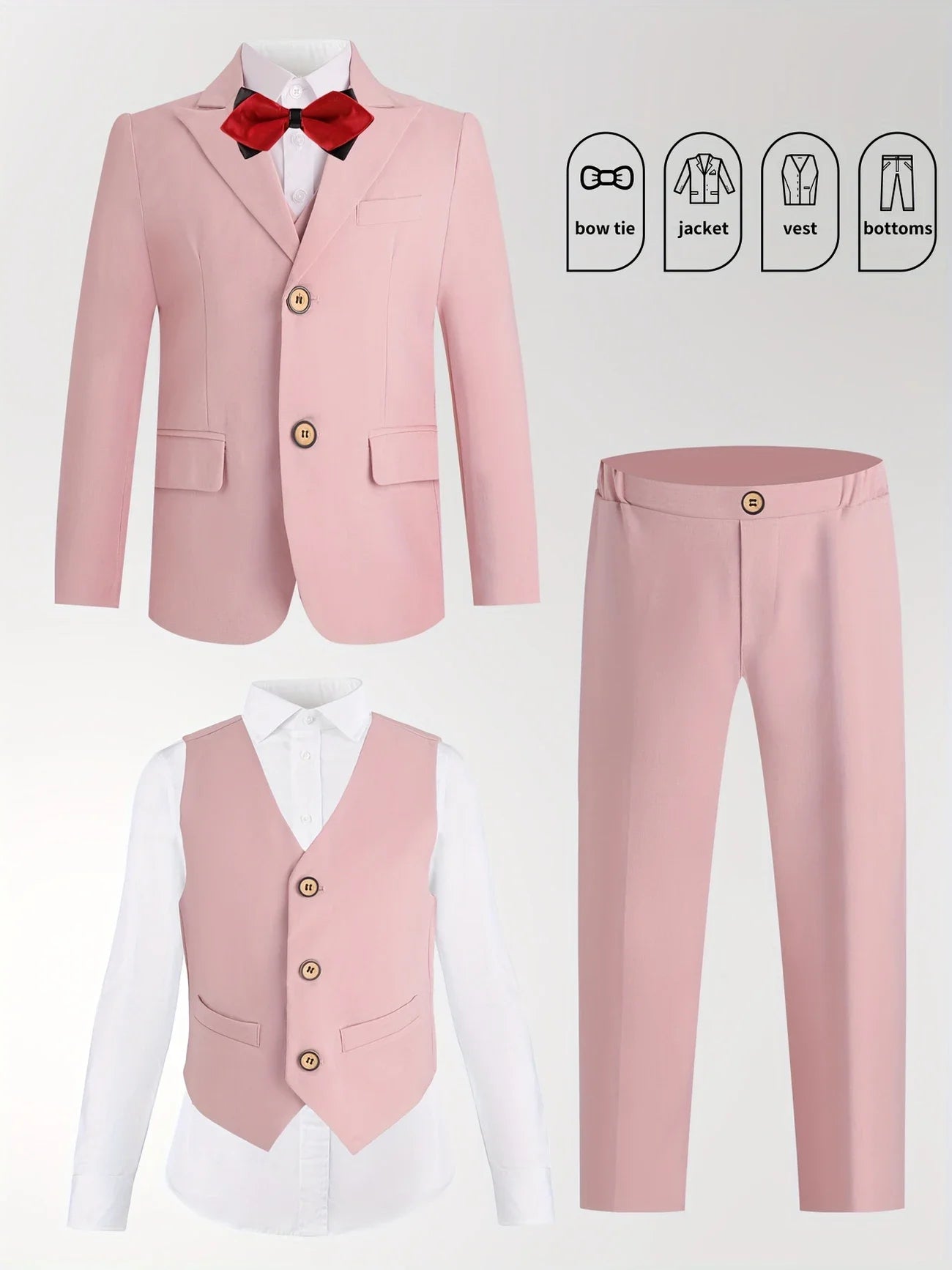 Gentleman Kids Spring White 4Pieces/Set Jacket Vest Pants Bowtie 4Pieces Wedding Suit Boys Photography Dress Children Costume