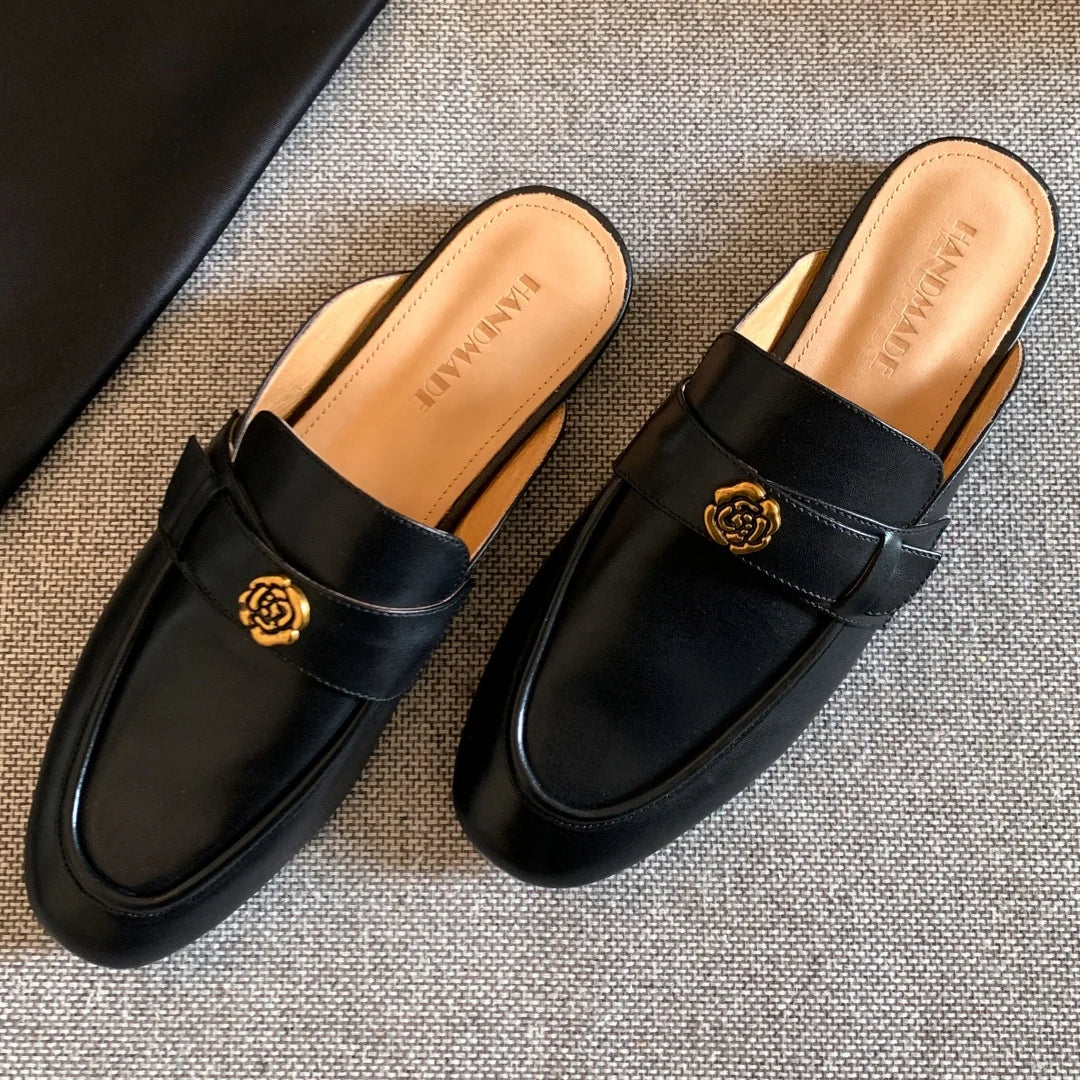 Women's cow leather round toe slip-on flats summer slides sandals high quality soft comfortable metal buckle casual female mules