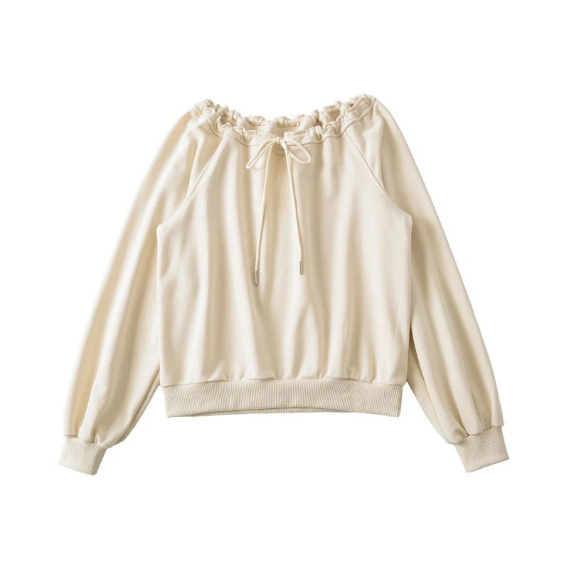 Bandage Pleated Solid Lazy Style Hoodies Sweatshirts Spring Autumn Long Sleeve Loose Fashion Tops Korean Casual Women Clothing