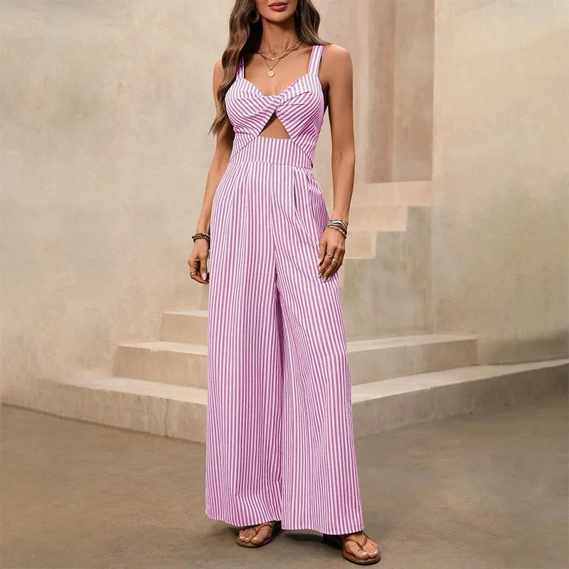 2026 new women's jumpsuit with elegant striped suspender comfortable hollow out fashionabl ev-neck sweet and versatile jumpsuit