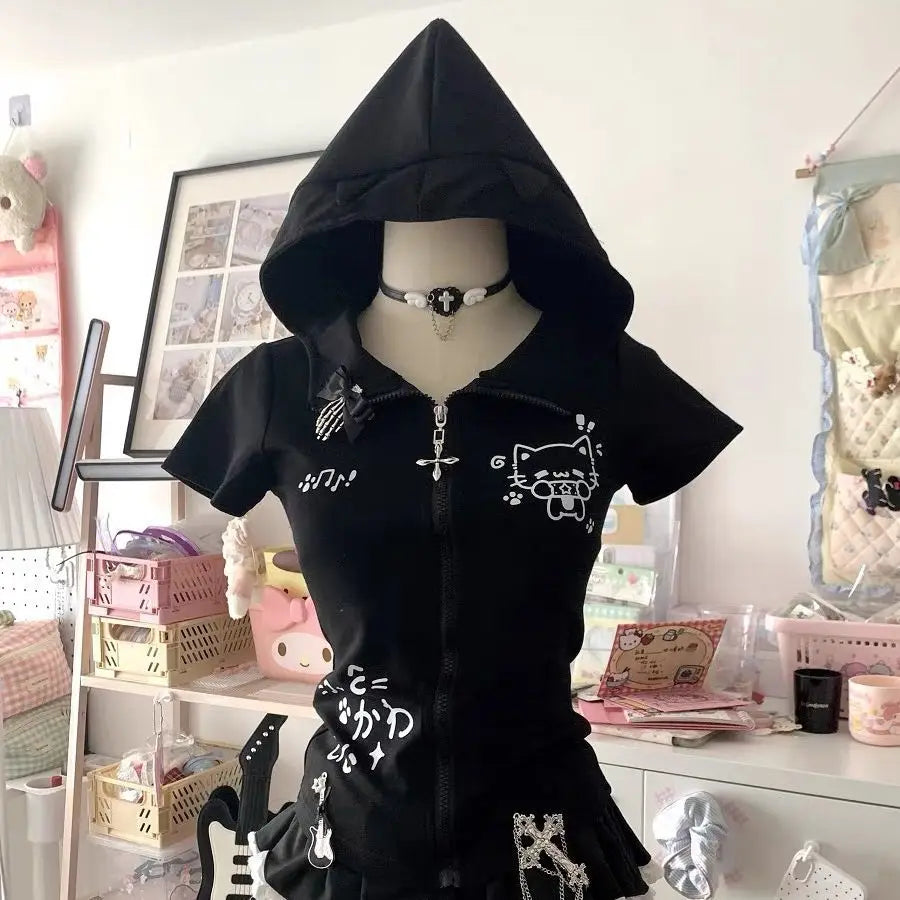 Cat Ears Hooded Sweatshirts 2025 Women Clothes Short Sleeve Zipper Slim Fit Hoodies Y2k Tops Casual Fashion Japanese Cute Hoodie