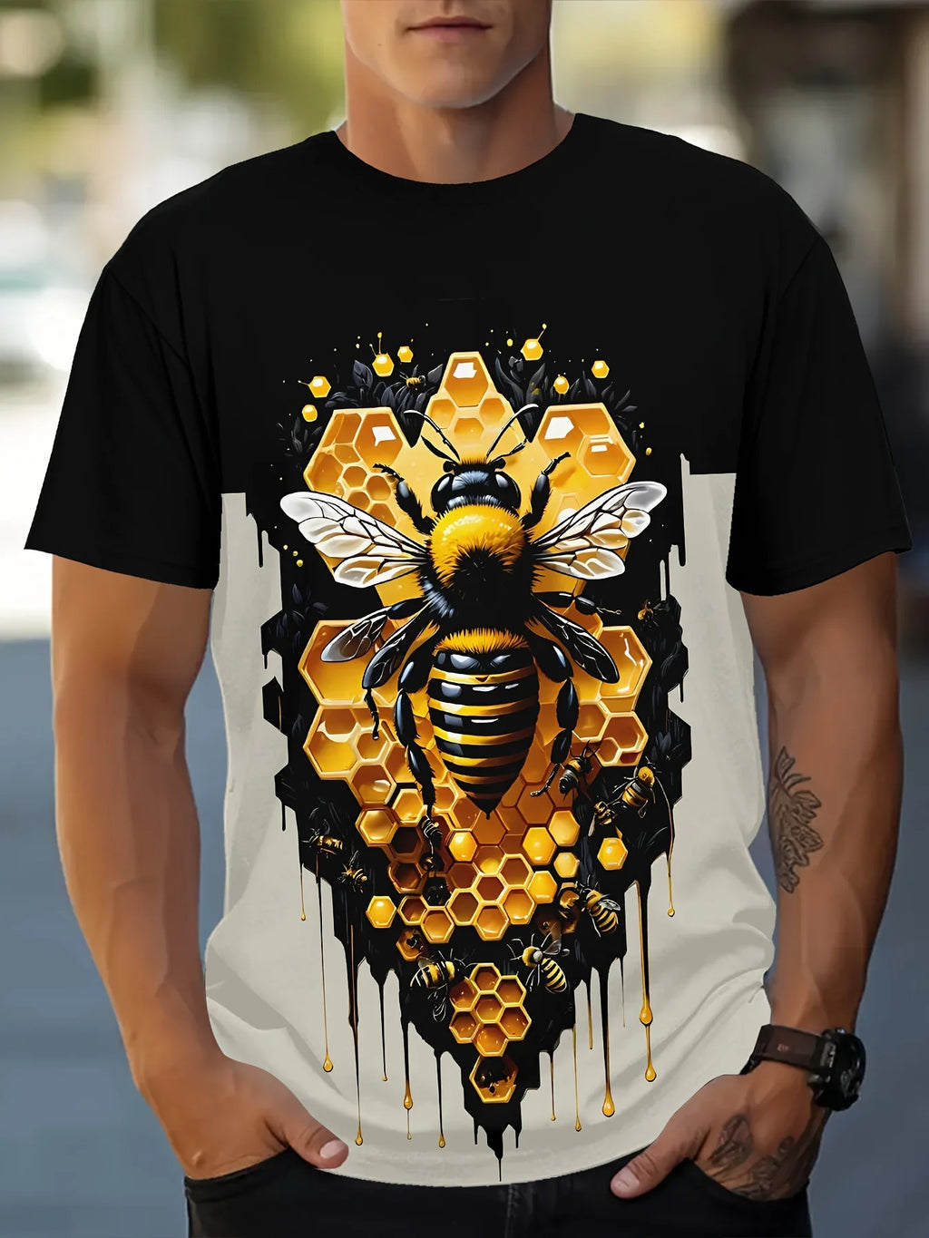 Summer Men's T-Shirt Bee Pattern Print Pullover Outdoor Casual Crew Neck Short Sleeve T-Shirt Fashion Male Oversized Clothing