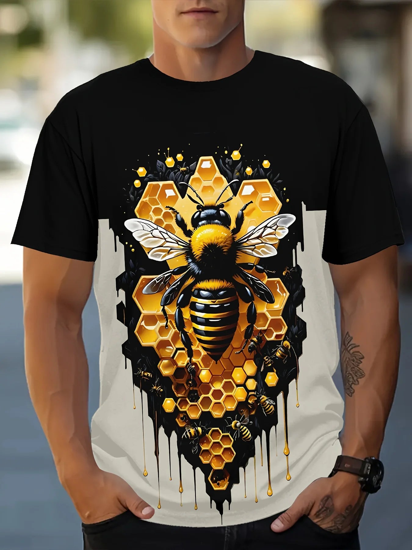 Summer Men's T-Shirt Bee Pattern Print Pullover Outdoor Casual Crew Neck Short Sleeve T-Shirt Fashion Male Oversized Clothing
