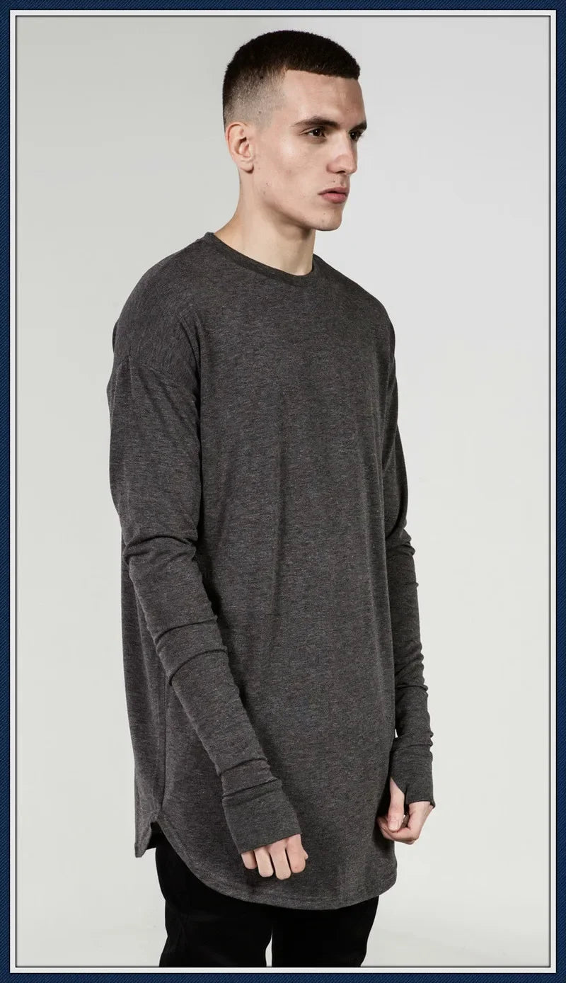 Quality Hip Hop T Shirt Full Mens Long Sleeve T-Shirt with Thumb Hole Cuffs Tees Shirts Curve Hem Men Street Wear Tops Plus Size