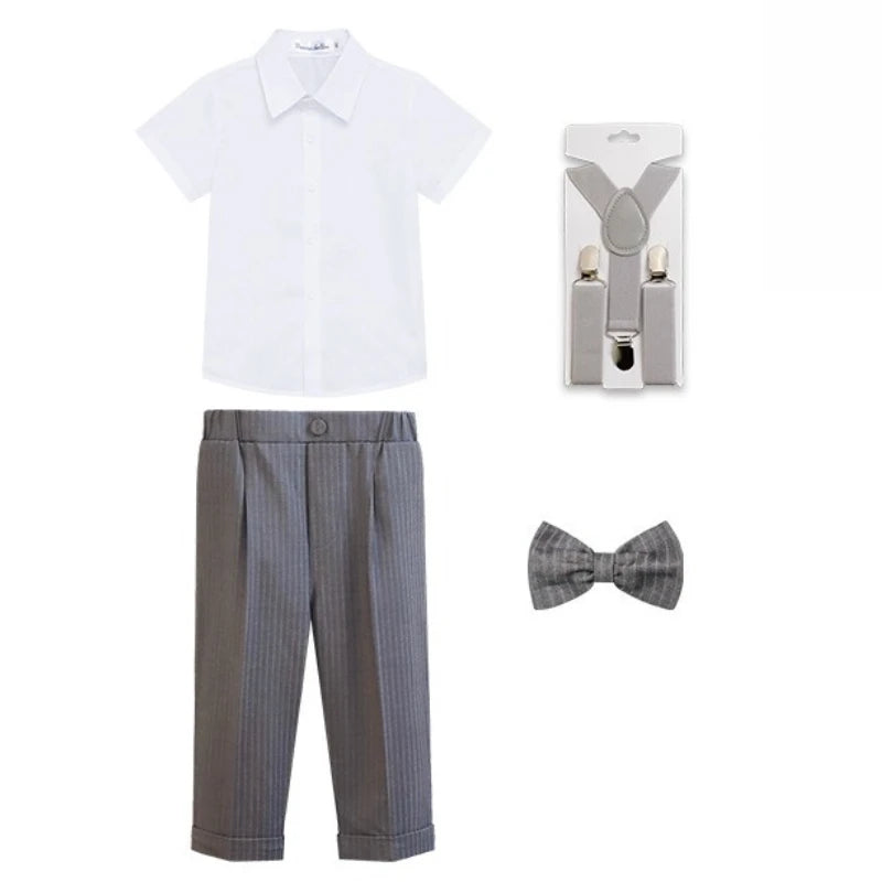Boys Strap Pants Suit Fashion Gray Stripe Kids Weddings Blazers Set 2-12 Years Children School Uniform Toddler Birthday Outfits