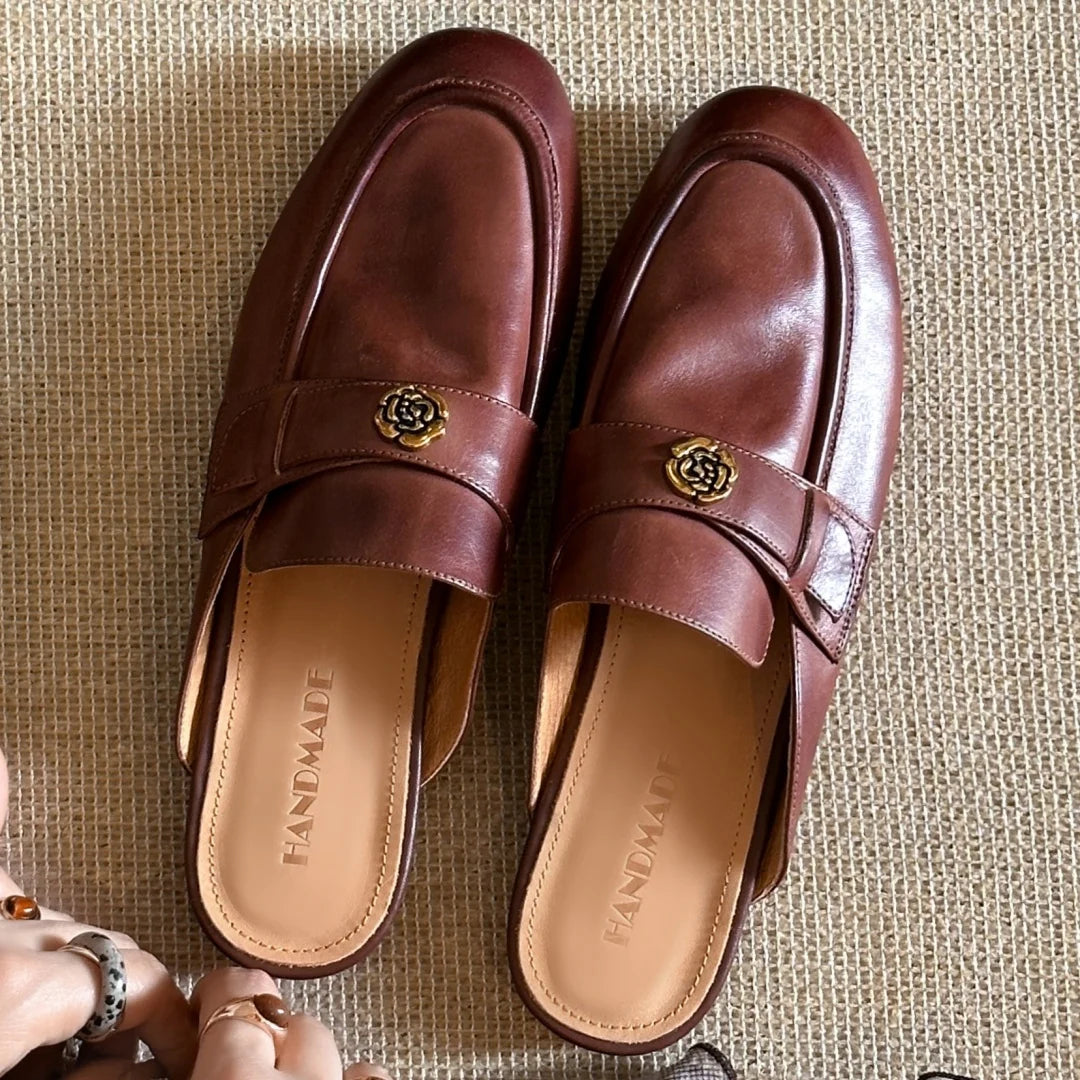 Women's cow leather round toe slip-on flats summer slides sandals high quality soft comfortable metal buckle casual female mules