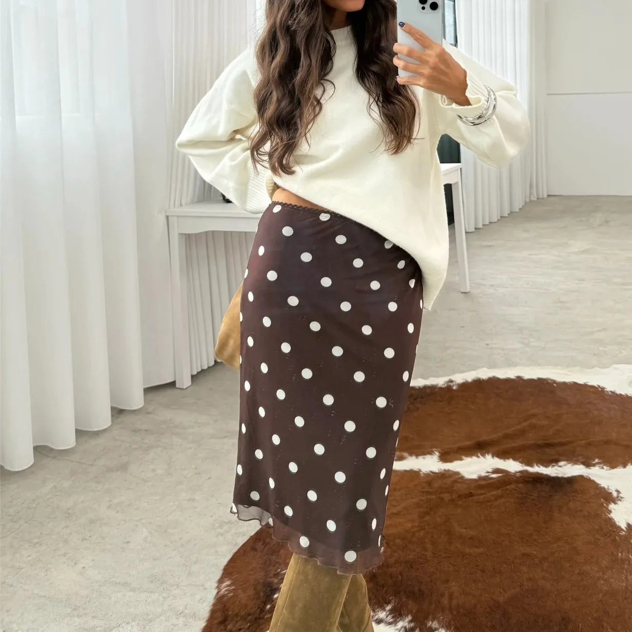 hirigin Womens Casual Midi Skirt Elegant Polka Dot Print Bodycon Pencil Skirt for Party Workout Daily Wear Summer Y2K Streetwear