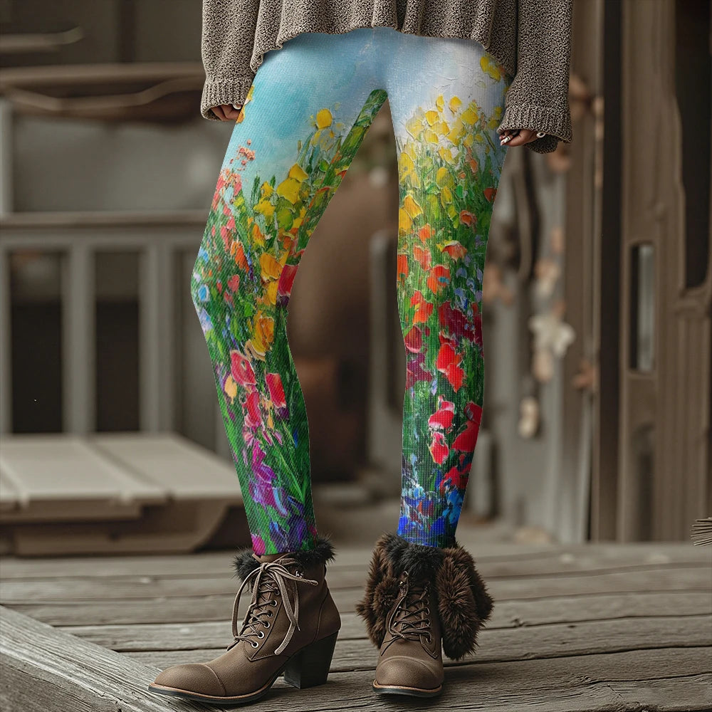 Colorful Blooming Flowers Pattern Women's Leggings Autumn Winter Warm Fashion Tights Stylish Outdoor Look Fashion Streetwear