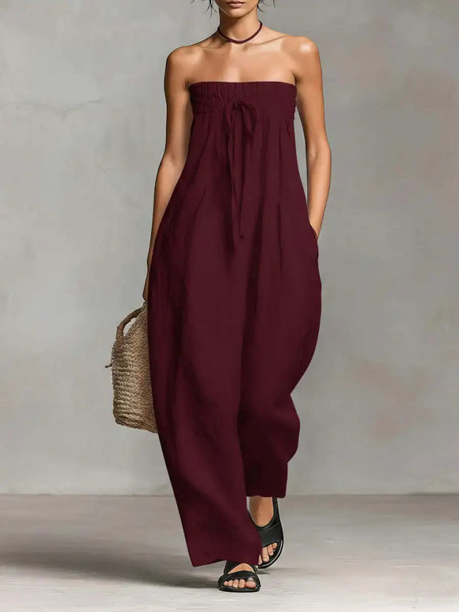 Elegant Sexy Off Shoulder Jumpsuit Women 2026 Summer Ruched Lace-up Sleeveless Backless Romper Casual Wide Leg Pocket Overalls