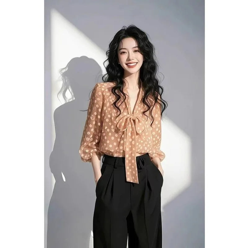 Women's Clothing French Style Top for Important Blouses Occasions Orange Polka-dot Bow Tie Shirt