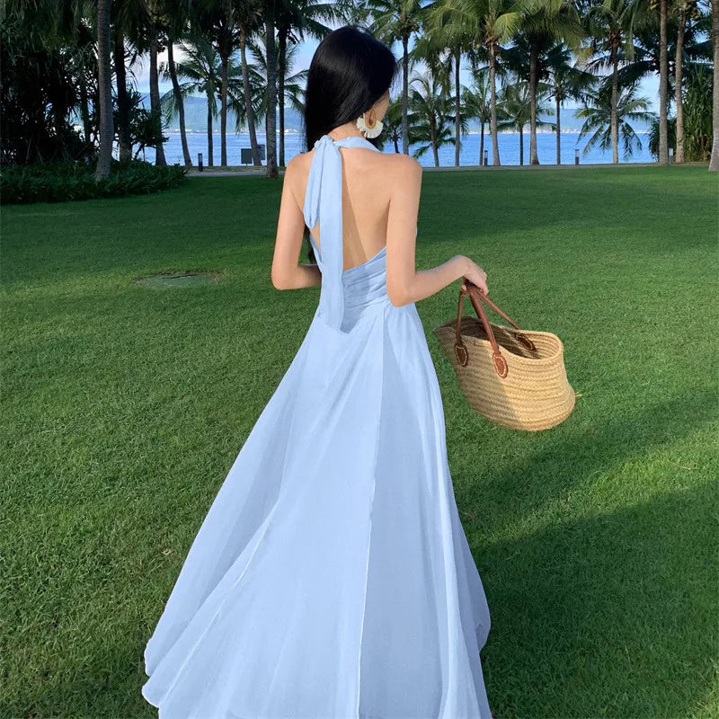 Women Chiffon Dress Irregular Sexy V-neck Sleeveless Halter Slim French Backless Party Dresses Elegant Beach Style Long Dress