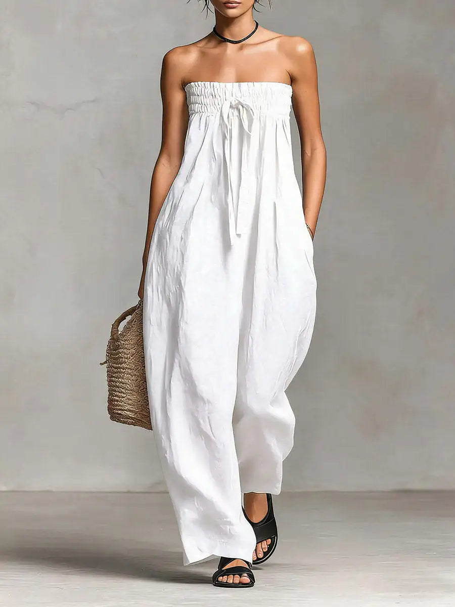 Elegant Sexy Off Shoulder Jumpsuit Women 2026 Summer Ruched Lace-up Sleeveless Backless Romper Casual Wide Leg Pocket Overalls