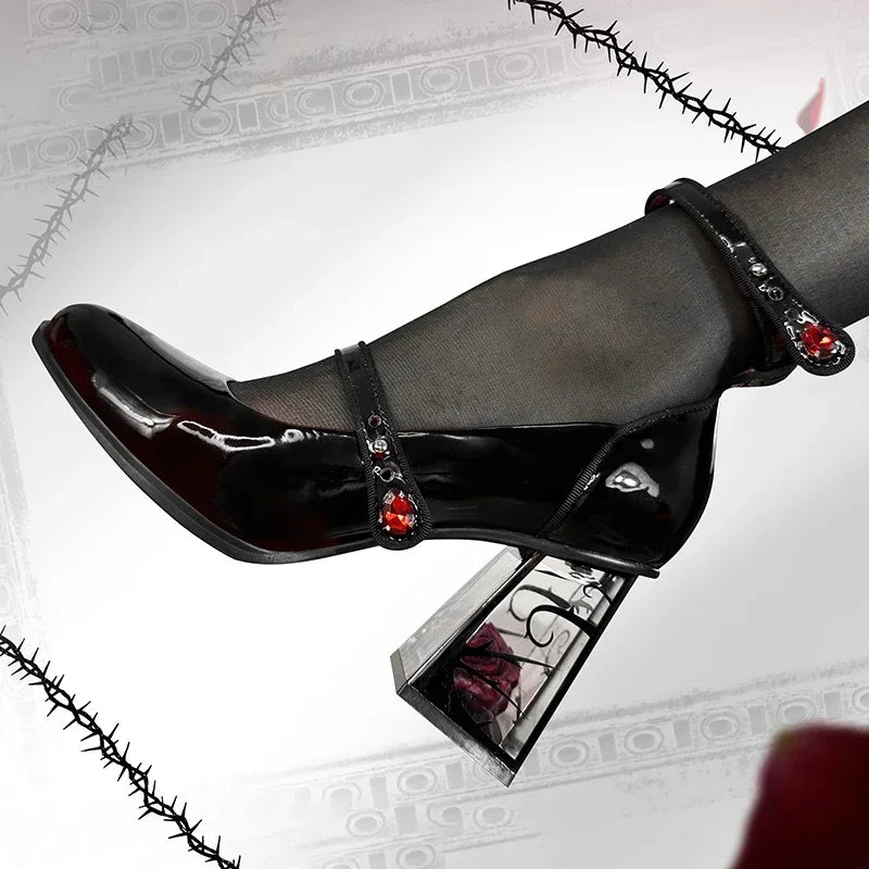 Punk Gothic High Heels Pumps Women 2024 New Rose Heeled Patent Leather Shoes Woman Ankle Straps Black Mary Jane Shoes