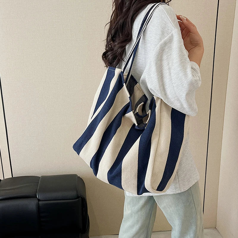 Summer Stripe Canvas Tote Bag Female Casual Large Capcity Simple Shoulder Bags Shopping Handbag Daily Totes Bag