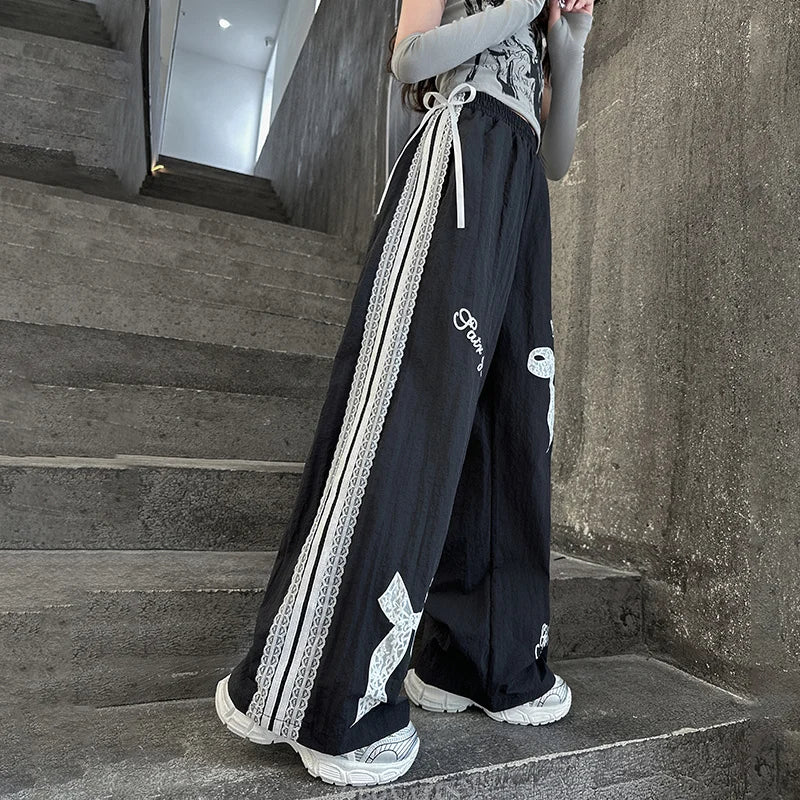 Children Black Casual Pants With Lace Bow For Girls Spring Fashion Lace Tousers Kids Loose Casual Wide Leg Sweatpants Streetwear