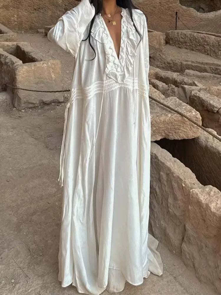 HH Women Summer Fashion Beach Style White Long Dress Long Sleeves Lace-Up Decoration Women's Flounced Edge V-Neck Dresses