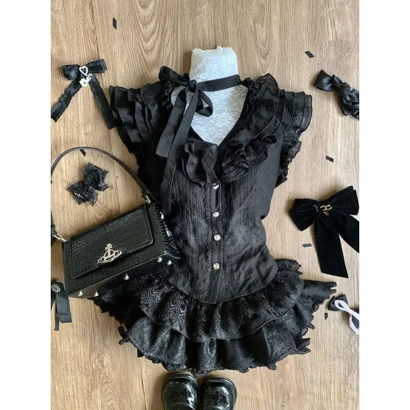 Japanese Subculture Gothic Black 2 Piece Set Women Ruffle Design Top + Mini Cake Skirt New Vintage Slim Sweet JK Y2K Outfits