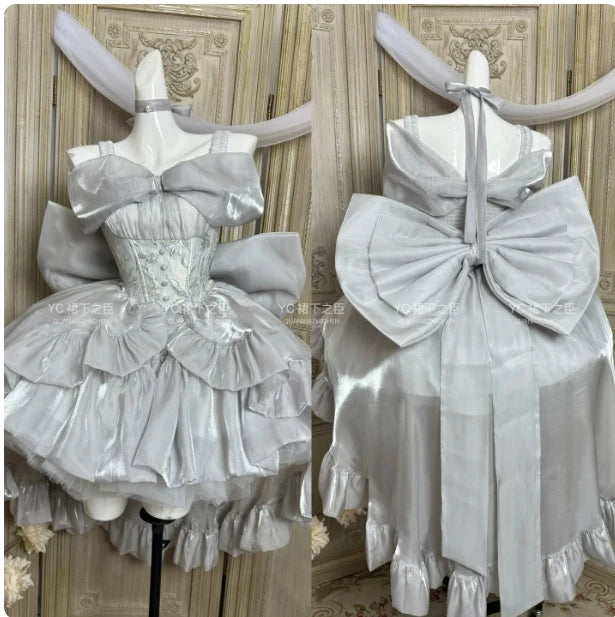 French Style Ladies Fairy Pink Strapless Dress 2025 Spring Summer Lolita Big Bow Princess Puff Short Party Evening Dresses