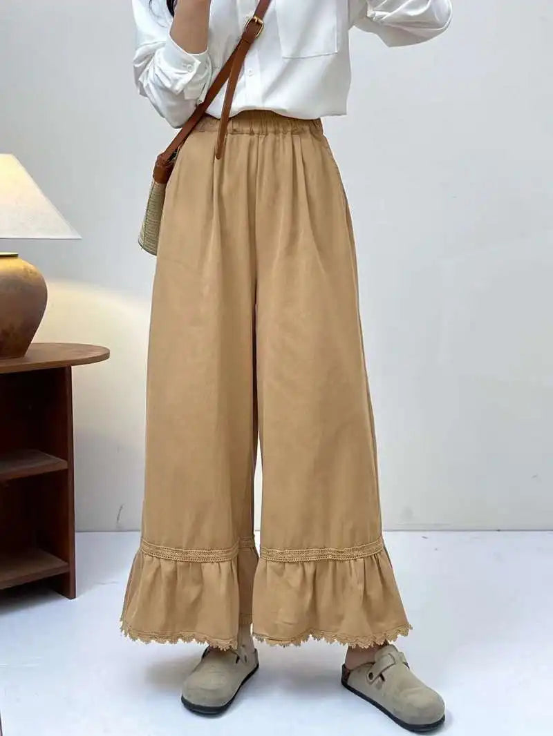 Japanese Sweet Mori Girl Solid Color Lace Hem Wide Leg Pants Women Autumn New Elastic Waist Casual Loose Straight Pants
