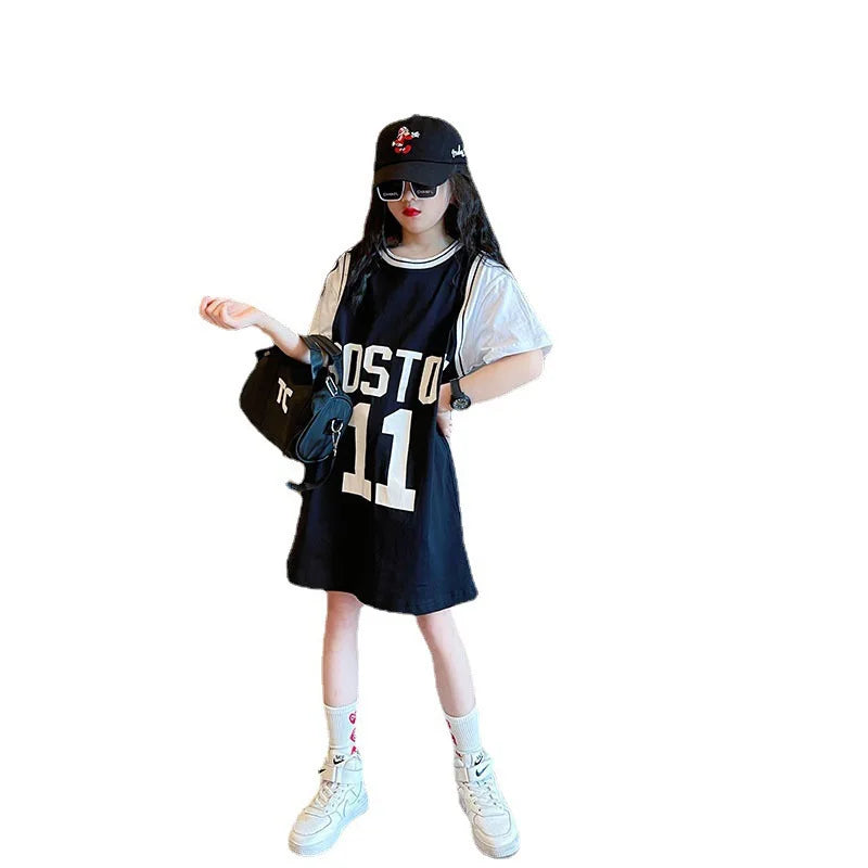 2026 Summer Girls Long T-shirt Dress Korean Cotton Short Sleeved Children Patchwork Letter Casual 6 8 10 12 14 Year Kids Tops