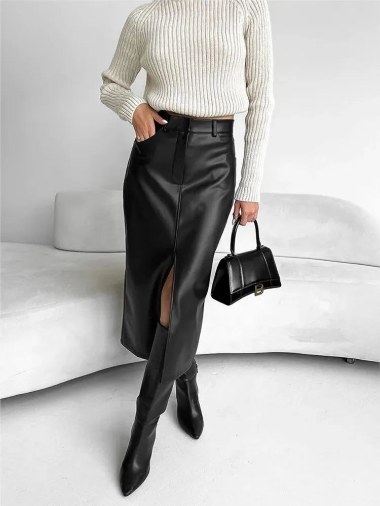 Leather Skirt High Waist Women Front Slit Spring Autumn Long Skirt High Waisted Office Lady Slim Skirts Elegant Ropa De Mujer