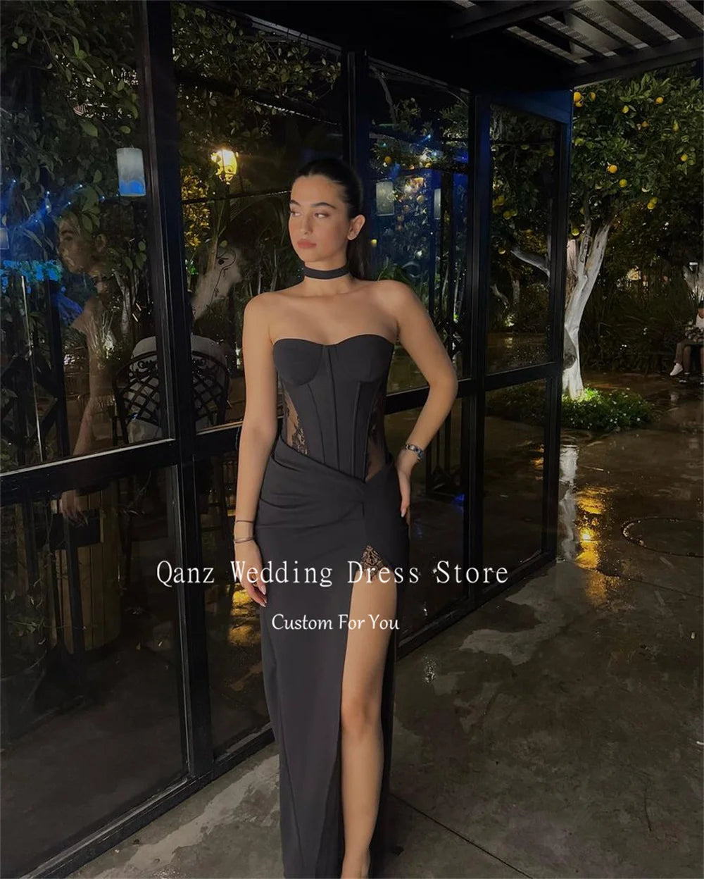 Qanz Black Lace Prom Dresses Sweetheart Corset Evening Dresses Woman Elegant Mermaid High Slit Satin Vestido De Noche Customized