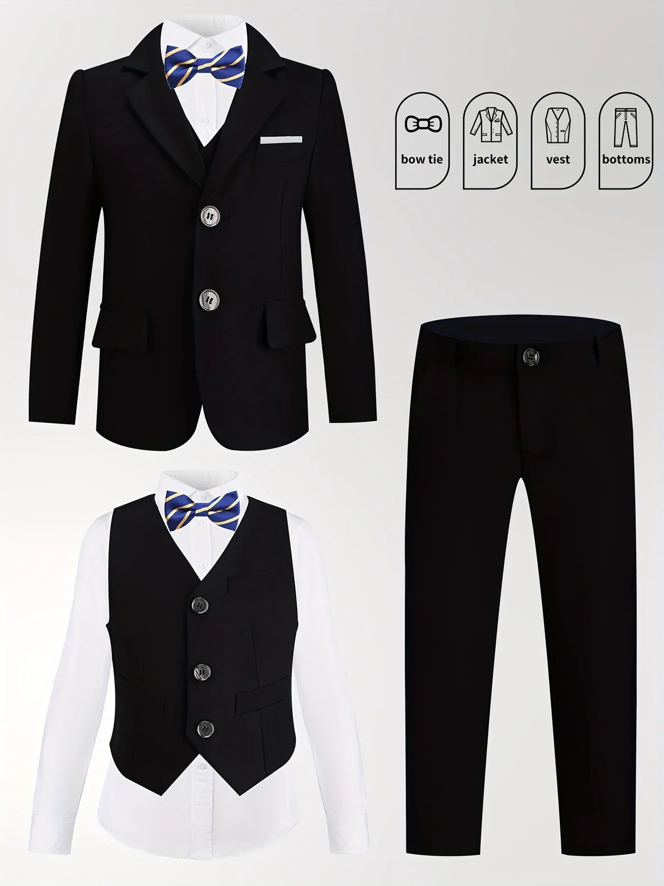 Gentleman Kids Spring White 4Pieces/Set Jacket Vest Pants Bowtie 4Pieces Wedding Suit Boys Photography Dress Children Costume