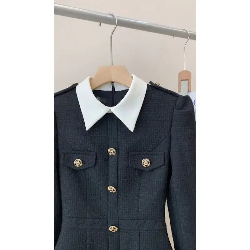 French High end Black Dress Autumn New Korean Fashion Commuter Polo Neck Long Sleeve Slimming A-line Mini Dresses for Women