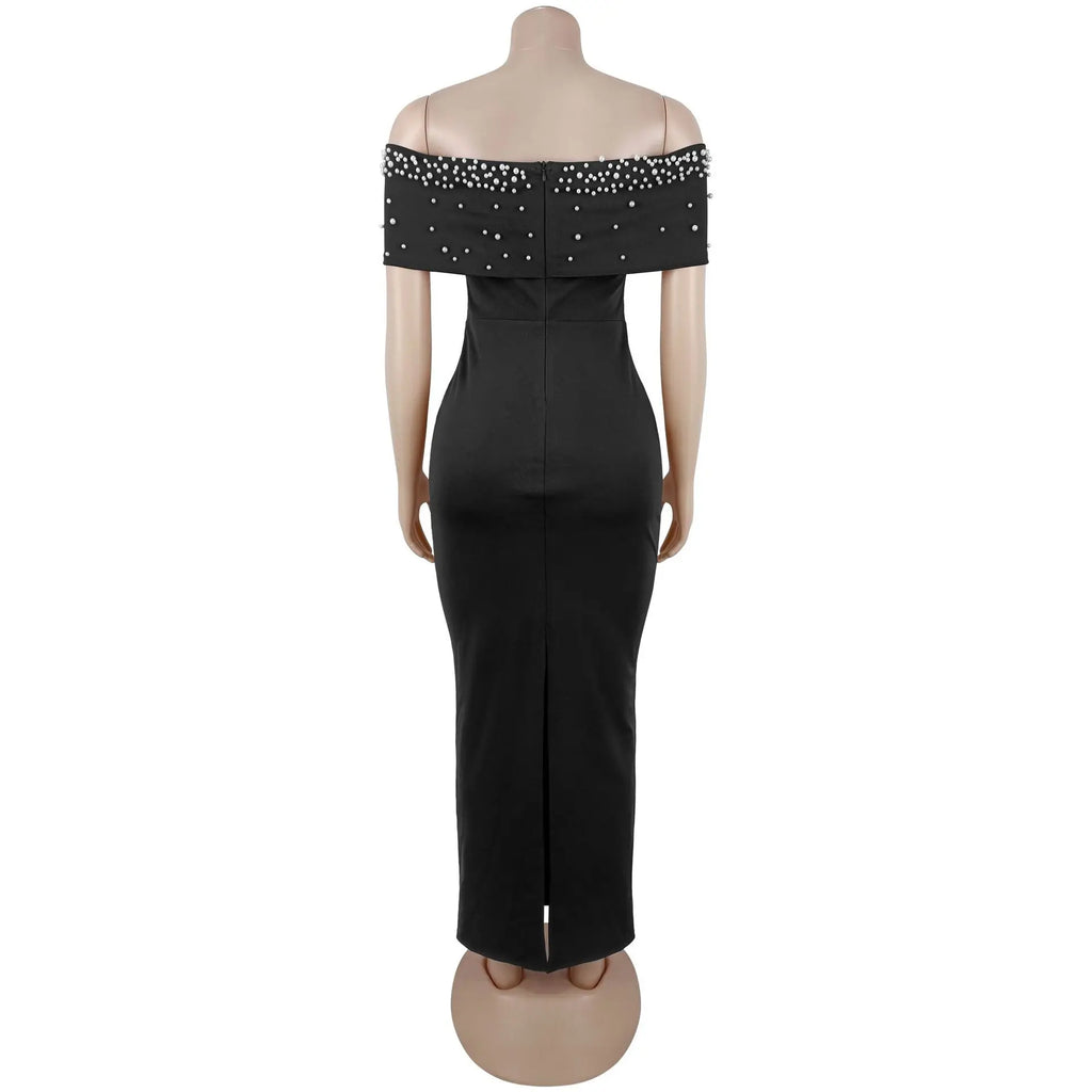 HBLL Black Women Sexy Off The Shoulder Beading Bodycon Long Dress Evening Party Celebrate Birthday Cocktail Gowns Vestidos Longo