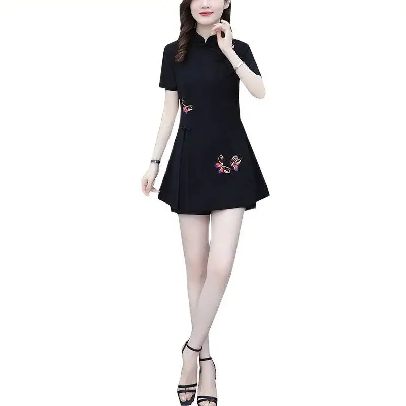 Women's Suit Chinese Style Clothes Two Piece Sets 2025 Summer New Crop Top And Shorts Retro Cheongsam Outfits Matching For Women