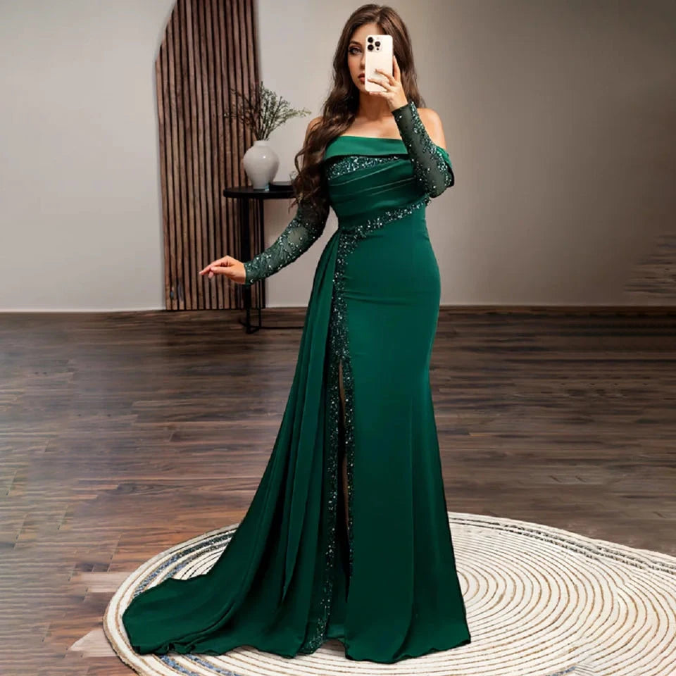 Customized  Elegant Green Satin Mermaid Prom Dress Sequins Sleeves Side Split Evening Dresses Floor Length Formal Prom Gown