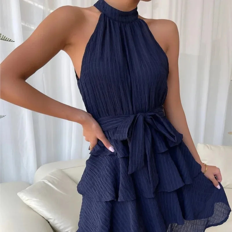Women's Red Mini Dress Vestidos 2025 Summer Fashion Sexy Style Halter Sleeveless Ruffle Edge Tied Woman Dresses Women Sundress
