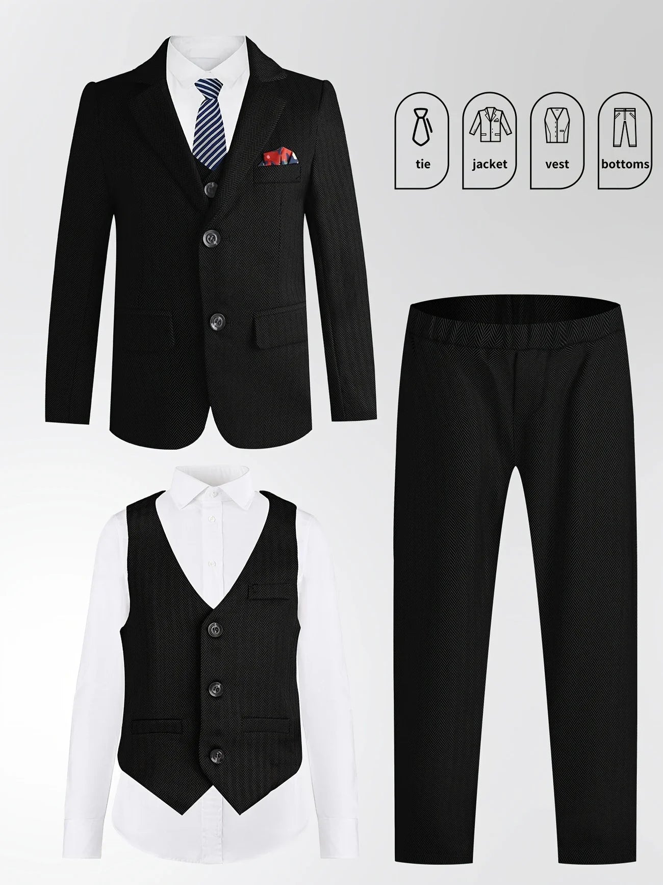 Gentleman Kids Spring White 4Pieces/Set Jacket Vest Pants Bowtie 4Pieces Wedding Suit Boys Photography Dress Children Costume
