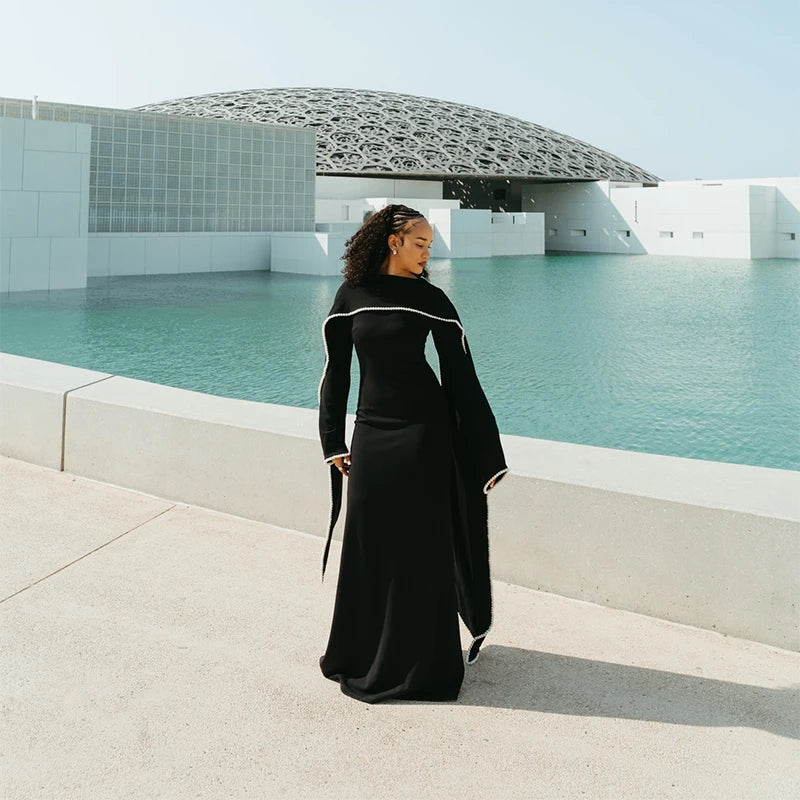 White Pearl Trim Cape Maxi Dress Women Elegant Long Sleeve Cinching Waist Muslim Robes 2026 Spring EID Abaya Lady Dresses