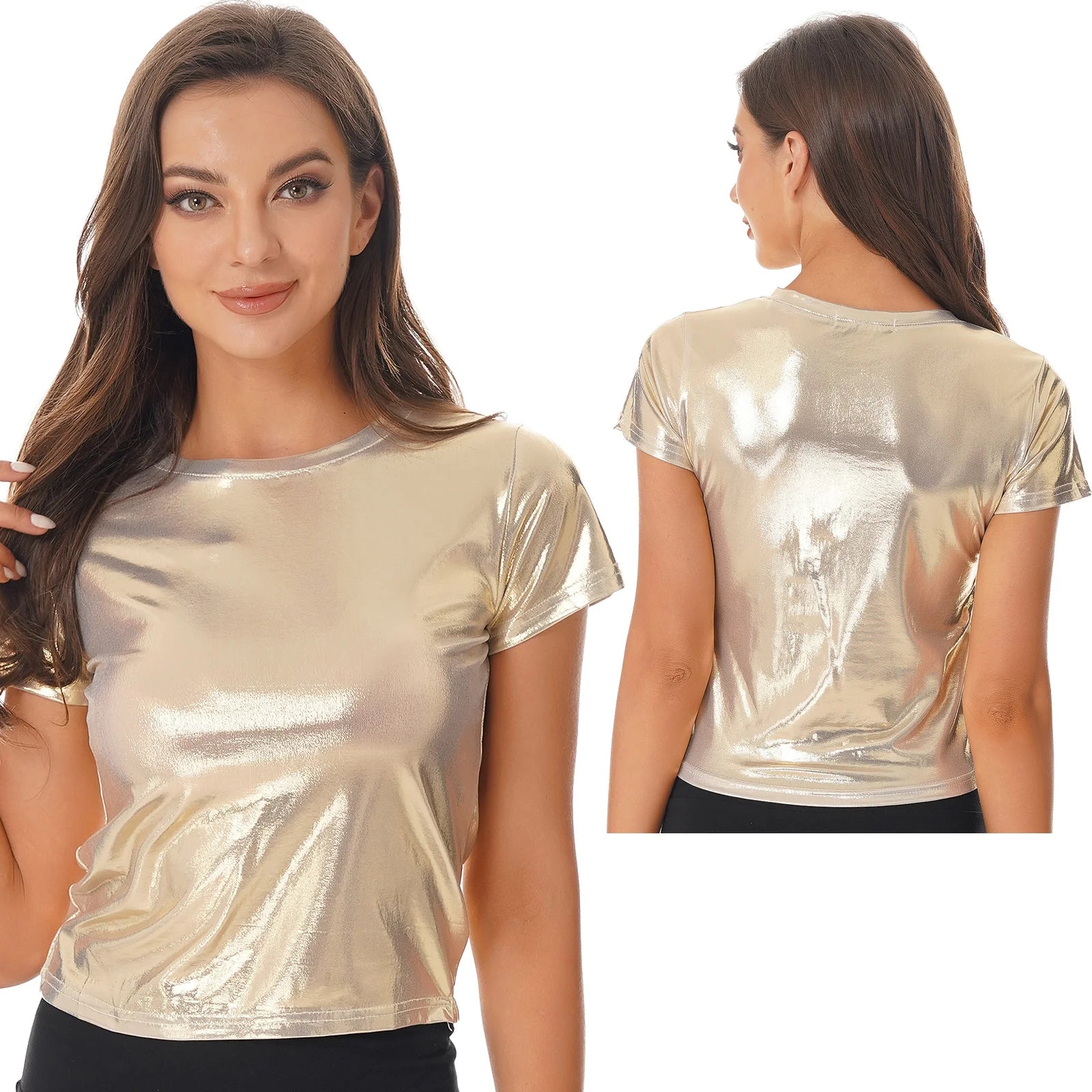 Women Shiny Metallic Silver Short Sleeve T-shirt Sexy Round Neck Glossy Solid Color Tops for Dance Party Rave Festival Clubwear
