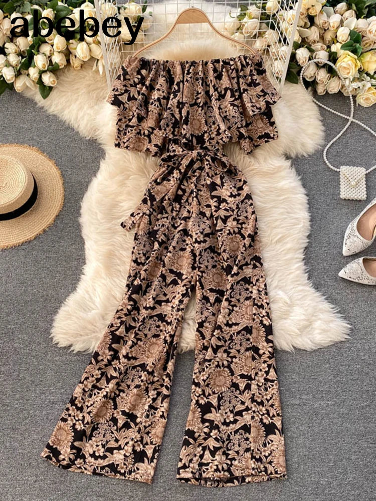 Women Jumpsuit Rompers Summer Casual Floral Print Off Shoulder Ruffles Lace-up Sashes Wide Leg Holidays Loose Jumpsuits