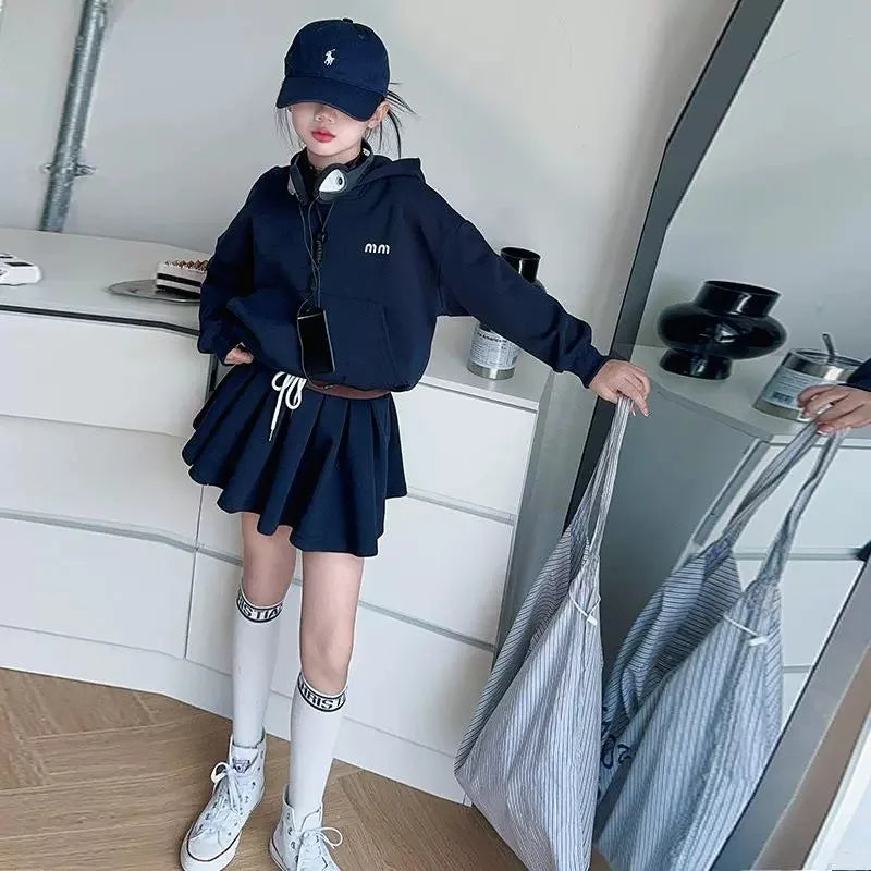 UNITIM 2026 Spring Kids Girls Hoodie Set Children Girls Long Sleeve Top+Pleated Skirt Two Piece Suits Casual Teens Girls Outfits