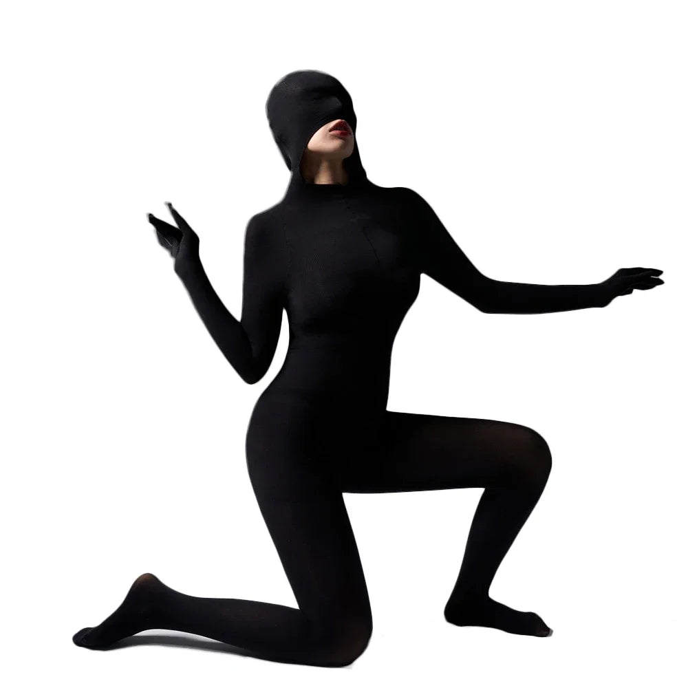Women's Jumpsuit With Hooded High Elastic Unitard Oil  Shiny Glossy Sexy Bodysuit Five Finger Gloves Tights Skinny Shaper Wear