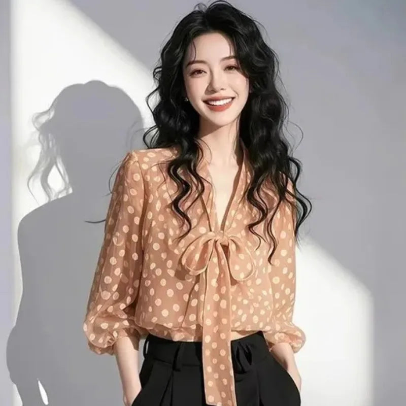 Women's Clothing French Style Top for Important Blouses Occasions Orange Polka-dot Bow Tie Shirt