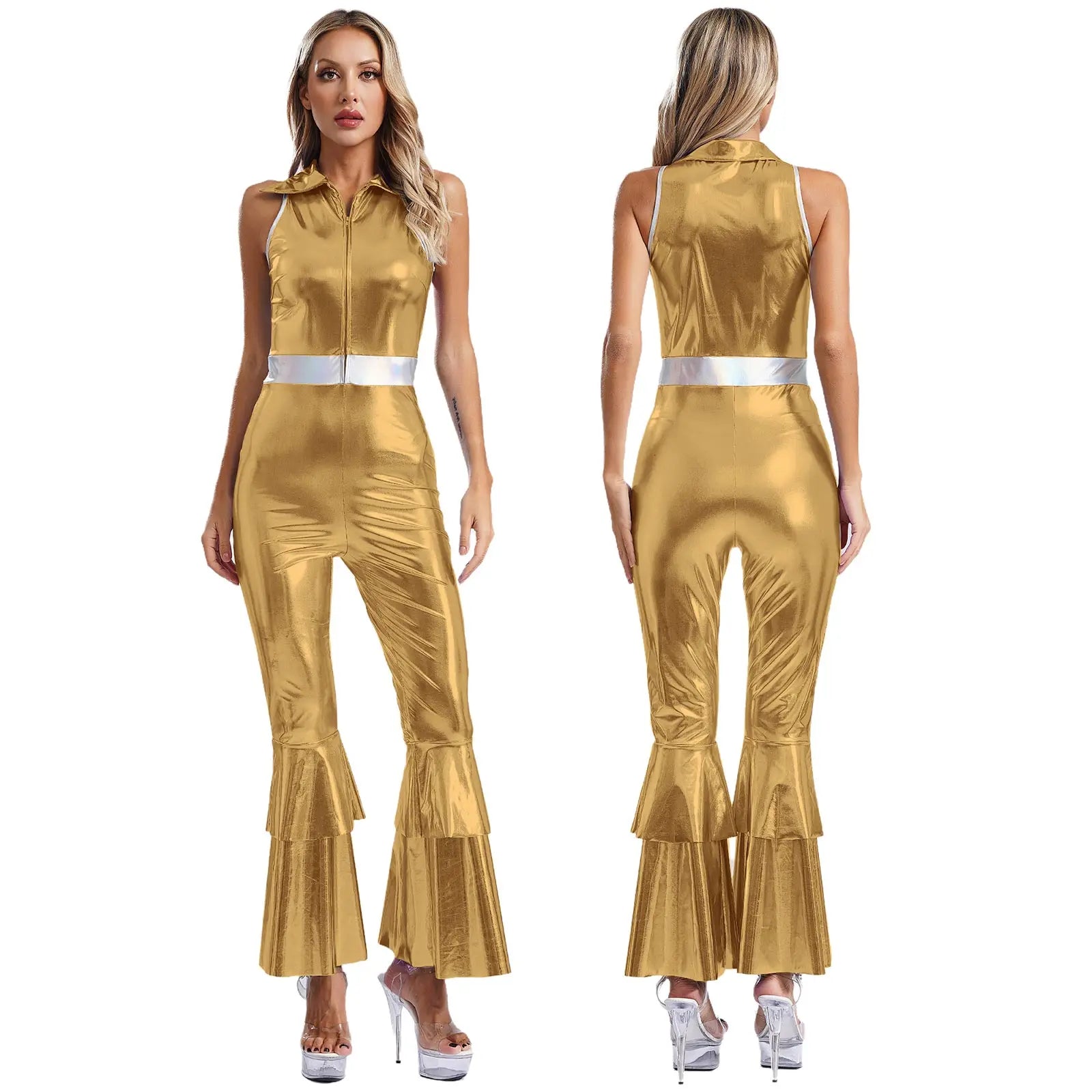 70 80s Disco Classical Vintage Jumpsuit Women Shiny Metallic High Waist Flared Bell-bottomed Rompers Playsuits for Dance Cosplay
