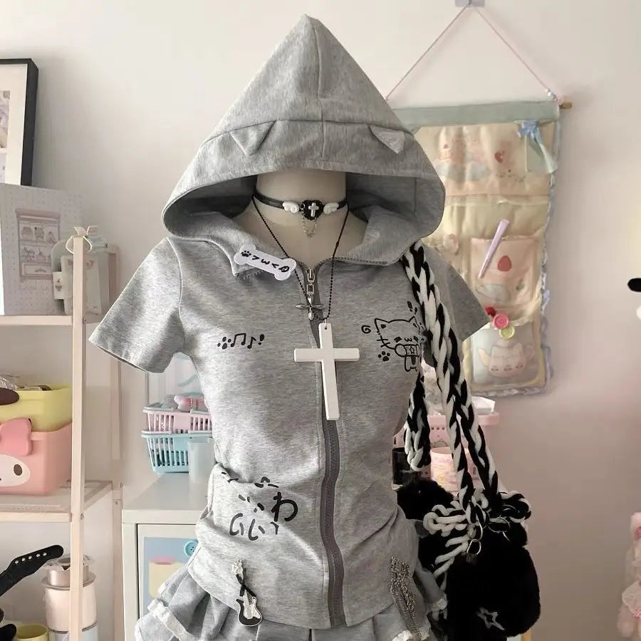 Cat Ears Hooded Sweatshirts 2025 Women Clothes Short Sleeve Zipper Slim Fit Hoodies Y2k Tops Casual Fashion Japanese Cute Hoodie