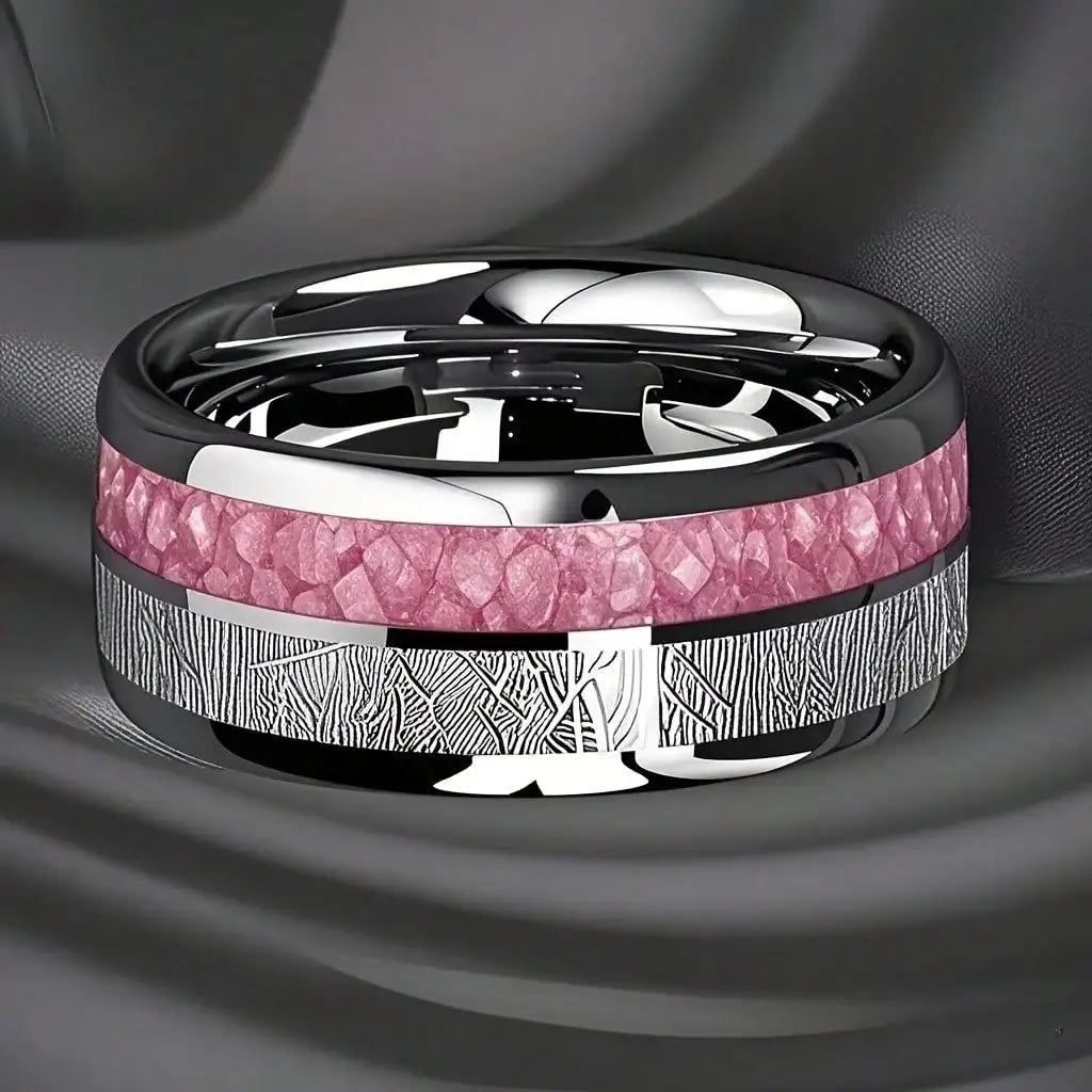 Fashion 8mm Silver Color Men Stainless Steel Rings, Pink Rose Abalone Shell Meteorite Inlay Rings for Men Women, Wedding Jewelry