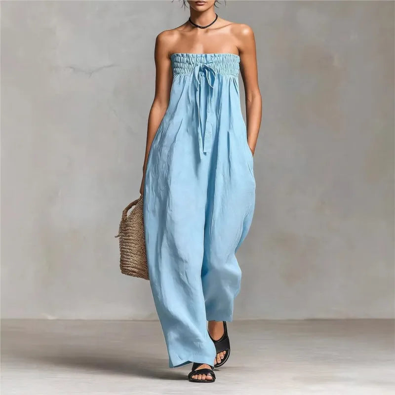 Elegant Sexy Off Shoulder Jumpsuit Women 2026 Summer Ruched Lace-up Sleeveless Backless Romper Casual Wide Leg Pocket Overalls