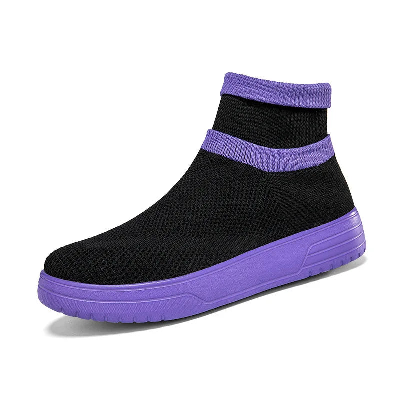 Men Thick Bottom Sneakers Autumn Couple New Non-slip Sock Shoes Breathable Mesh Round Head Casual Walking High-top Flats