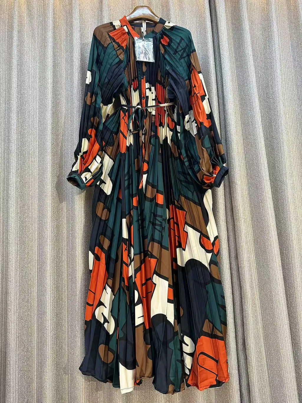 Clearance Temperament Women Lantern Long Sleeves O-Neck Slim Single Breasted Print Maxi Dress Elegant Vintage Chic Spring Dress