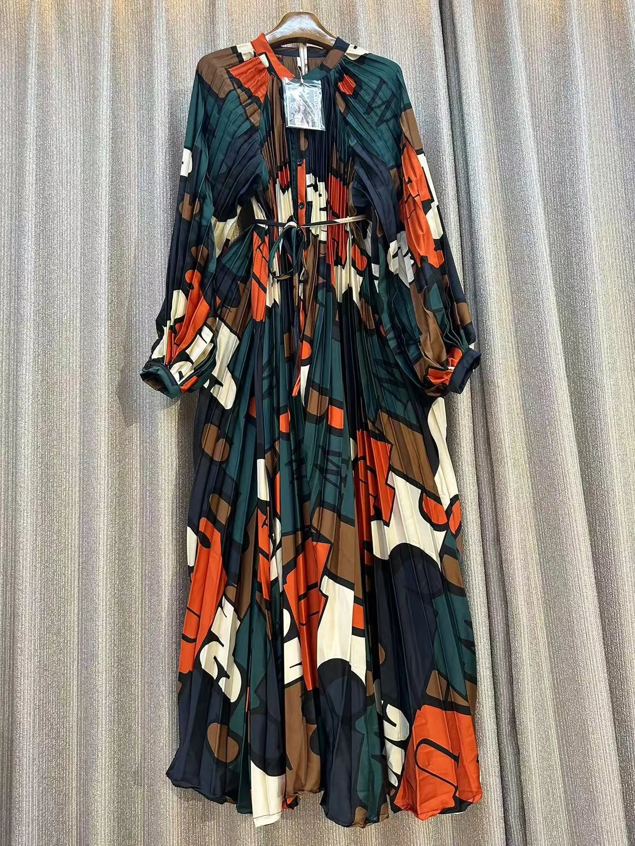 Clearance Temperament Women Lantern Long Sleeves O-Neck Slim Single Breasted Print Maxi Dress Elegant Vintage Chic Spring Dress
