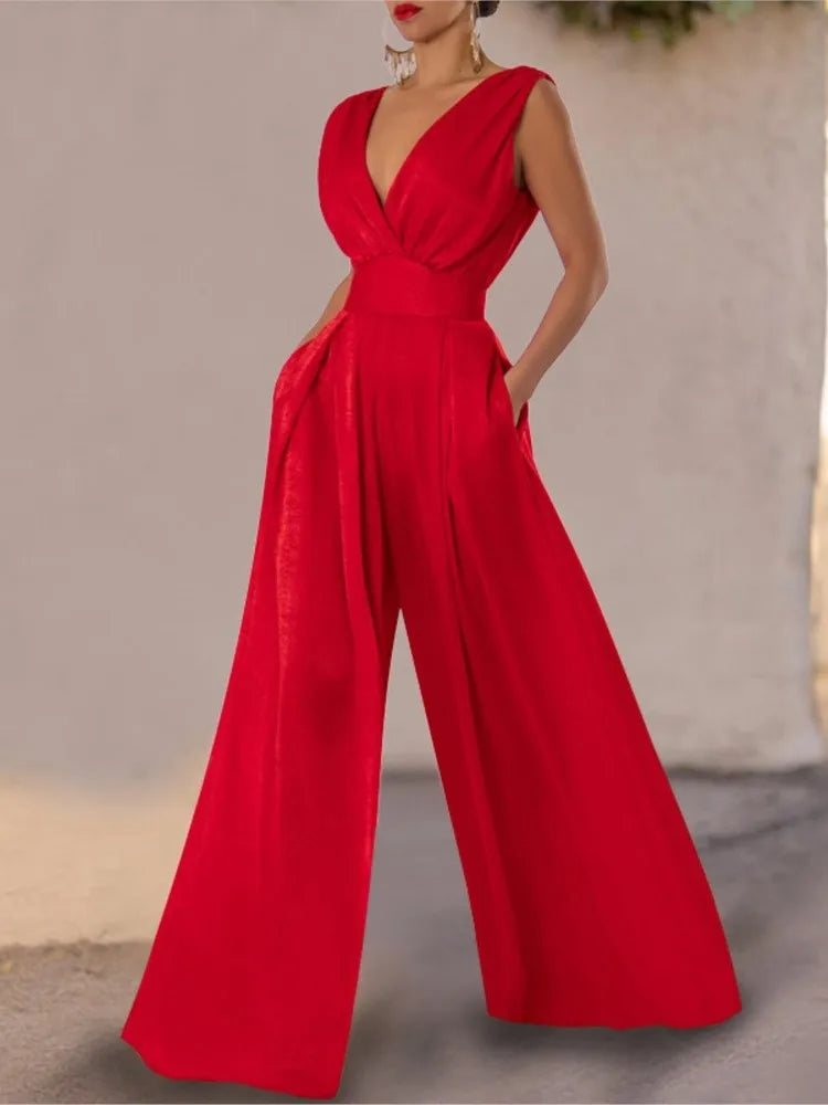 Jumpsuit Women Summer New Sleeveless Sexy Deep V-neck Solid Color High Waist Wide Leg Jumpsuits Elegant Commuting Lady Playsuits